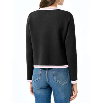 Saodimallsu Womens Cropped Cardigans Crew Neck Color Block Button Down Long Sleeve Fall Knit Sweater Jackets Black