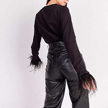 Women Long Sleeve Feather T-Shirt Round Neck Casual Basic Crop Top Faux Vintage Fur Trim Blouse Top ...