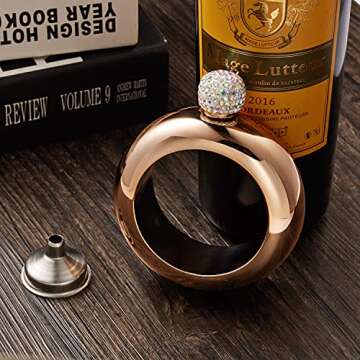 8th Day Fashion Flask Bracelet Bangle for Women 304 Stainless Steel Flask Handmade Crystal Lid Flask Gift Hidden Flask Women Girls Men Party Flask Funnel Set 3.5oz (Rose Gold Crystal)