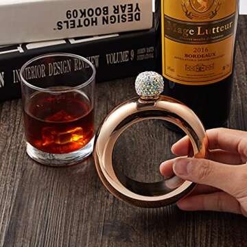 8th Day Fashion Flask Bracelet Bangle for Women 304 Stainless Steel Flask Handmade Crystal Lid Flask Gift Hidden Flask Women Girls Men Party Flask Funnel Set 3.5oz (Rose Gold Crystal)