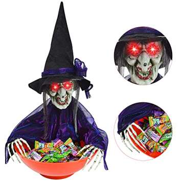 JOYIN Halloween Candy Bowl Dish Witch Decor Halloween Decorations Indoor Haunted House Halloween Home Decor Animatronics Animated LED Lights Eyes, Creepy Scary Sound Activated Trick Or Treat