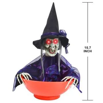 JOYIN Halloween Candy Bowl Dish Witch Decor Halloween Decorations Indoor Haunted House Halloween Home Decor Animatronics Animated LED Lights Eyes, Creepy Scary Sound Activated Trick Or Treat