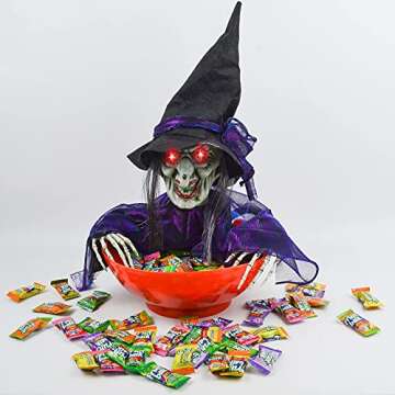 JOYIN Halloween Candy Bowl Dish Witch Decor Halloween Decorations Indoor Haunted House Halloween Home Decor Animatronics Animated LED Lights Eyes, Creepy Scary Sound Activated Trick Or Treat