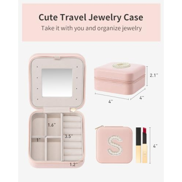 Vlando Travel Jewelry Box for Girls Women, Initial Jewelry Organizer Box Travel Must Haves Jewelry Case for Girls, Necklace Earrings Ring Box Travel Gifts for Sister Daughters - Letter S, Pink