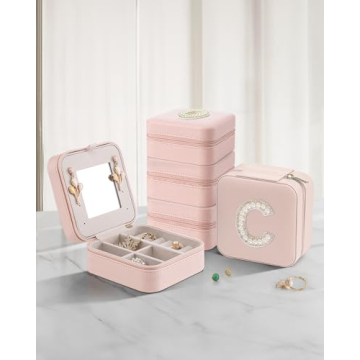 Vlando Travel Jewelry Box for Girls Women, Initial Jewelry Organizer Box Travel Must Haves Jewelry Case for Girls, Necklace Earrings Ring Box Travel Gifts for Sister Daughters - Letter S, Pink