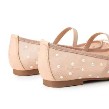 Trary Mesh Ballet Flats for Women, Pearl Ballet Flats Shoes for Women, Bow Mary Jane Shoes Women, Rhinestone Nude Flats for Women, Comfy Dress Shoes for Women, Wide Mary Janes Flats, Mesh Flats