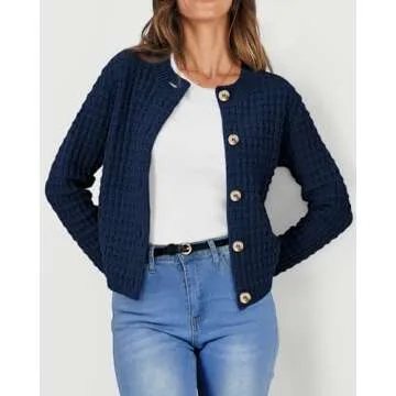 PRETTYGARDEN Women's Knit Cardigan Sweaters Casual Long Sleeve Open Front Button Down Trendy Jackets Outerwear (Dark Blue,Large)