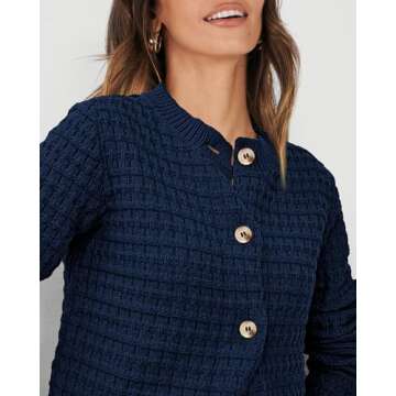 PRETTYGARDEN Women's Knit Cardigan Sweaters Casual Long Sleeve Open Front Button Down Trendy Jackets Outerwear (Dark Blue,Large)