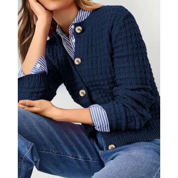 PRETTYGARDEN Women's Knit Cardigan Sweaters Casual Long Sleeve Open Front Button Down Trendy Jackets Outerwear (Dark Blue,Large)