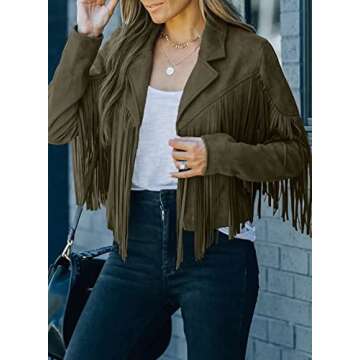 FARYSAYS Womens Cropped Fringe Suede Faux Leather Motorcycle Jackets Fashion Oversized Plus Size Jacket Outfits for Ladies Green 2x