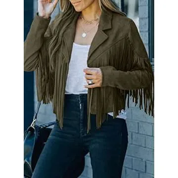 FARYSAYS Womens Cropped Fringe Suede Faux Leather Motorcycle Jackets Fashion Oversized Plus Size Jacket Outfits for Ladies Green 2x