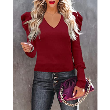 Amarmia Women's Long Puff Sleeve Pullover Sweater Red