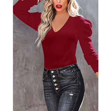 Amarmia Women's Long Puff Sleeve Pullover Sweater Red