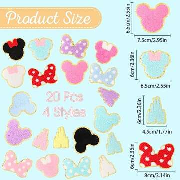 20 PCS Chenille Mouse Head Iron on Patches, CCOZN Colorful Chenille Castle Bowknot Mouse Embroidered...