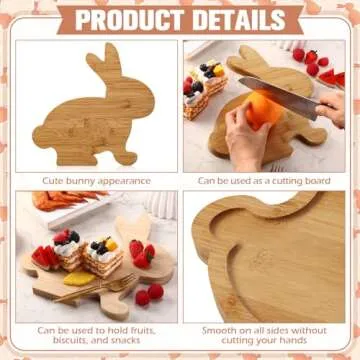 Sunnychicc Easter 2 Pieces 11.81inch Wooden Bunny Cutting Board with Containers Charcuterie Bamboo Wood Cutting Board Platter Dessert Fruit Party Butcher Block Chopping for Kitchen