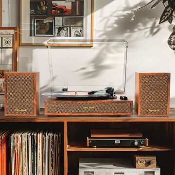 Vinyl Record Player with External Speakers, 3 Speed Vintage Stereo Turntable for Vinyl Records, Bluetooth Input, Auto Stop & Belt Driven System, RCA Out and Aux in - Brown Wood