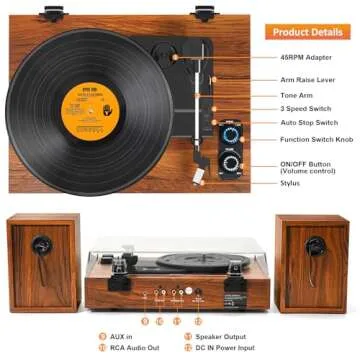 Vinyl Record Player with External Speakers, 3 Speed Vintage Stereo Turntable for Vinyl Records, Bluetooth Input, Auto Stop & Belt Driven System, RCA Out and Aux in - Brown Wood