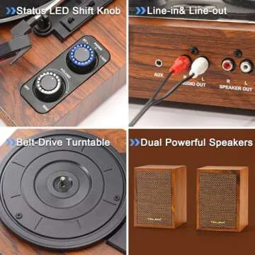 Vinyl Record Player with External Speakers, 3 Speed Vintage Stereo Turntable for Vinyl Records, Bluetooth Input, Auto Stop & Belt Driven System, RCA Out and Aux in - Brown Wood