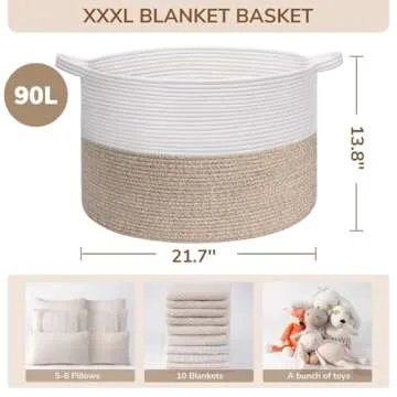 INDRESSME Large Laundry Basket, 21.7'' x 13.8'' Cotton Rope Blanket Basket Living Room Toy Baskets Storage Kids, Woven Baskets for Dirty Clothes, Pillows, Towel, 90L Light Brown