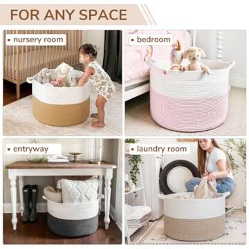 INDRESSME Large Laundry Basket, 21.7'' x 13.8'' Cotton Rope Blanket Basket Living Room Toy Baskets Storage Kids, Woven Baskets for Dirty Clothes, Pillows, Towel, 90L Light Brown