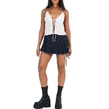 ISZPLUSH Women Sexy Halterneck Y2k Tops Slit Front Tie Crop Tops Sleeveless Spaghetti Strap Vests Slim Fit Strappy Tank Tops White