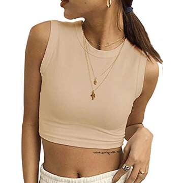 MISSACTIVER Women Round Neck Crop Top Basic Solid Sleeveless Crop Tank Vest Top (Small, Apricot)