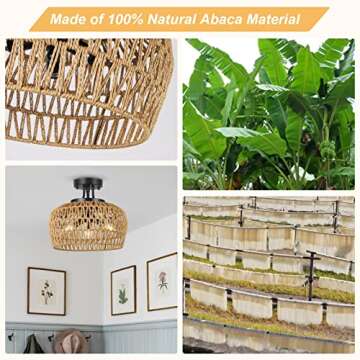 HMVPL Semi Flush Mount Ceiling Light, Rattan Light Fixture Ceiling Mount with Handmade Wicker Lampshade, 3-Lights Boho Chandelier, Woven Close to Ceiling Light for Bedroom Hallway Living Room Kitchen