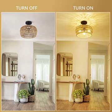 HMVPL Semi Flush Mount Ceiling Light, Rattan Light Fixture Ceiling Mount with Handmade Wicker Lampshade, 3-Lights Boho Chandelier, Woven Close to Ceiling Light for Bedroom Hallway Living Room Kitchen