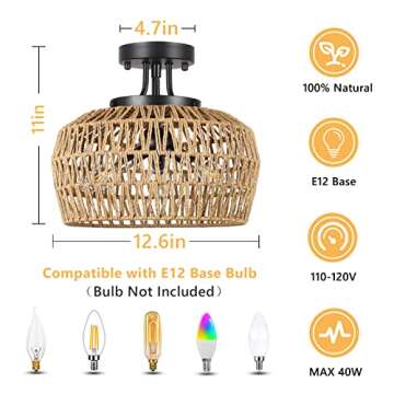 HMVPL Semi Flush Mount Ceiling Light, Rattan Light Fixture Ceiling Mount with Handmade Wicker Lampshade, 3-Lights Boho Chandelier, Woven Close to Ceiling Light for Bedroom Hallway Living Room Kitchen