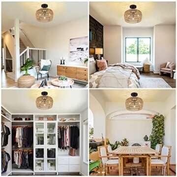 HMVPL Semi Flush Mount Ceiling Light, Rattan Light Fixture Ceiling Mount with Handmade Wicker Lampshade, 3-Lights Boho Chandelier, Woven Close to Ceiling Light for Bedroom Hallway Living Room Kitchen