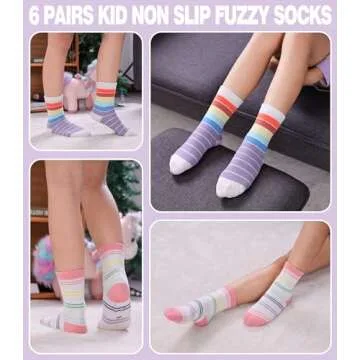 MQELONG Kids Non Slip Fuzzy Socks Girls with Grips Slipper Socks Cozy Fluffy Winter Warm Crew Gift Socks 6 Pack (6 Pairs Mix Color Stripe, 4-7 Years)