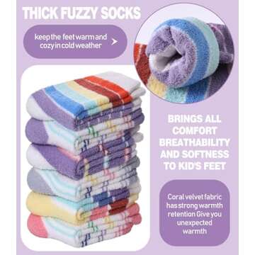 MQELONG Kids Non Slip Fuzzy Socks Girls with Grips Slipper Socks Cozy Fluffy Winter Warm Crew Gift Socks 6 Pack (6 Pairs Mix Color Stripe, 4-7 Years)