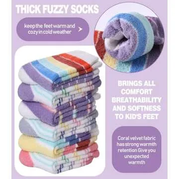MQELONG Kids Non Slip Fuzzy Socks Girls with Grips Slipper Socks Cozy Fluffy Winter Warm Crew Gift Socks 6 Pack (6 Pairs Mix Color Stripe, 4-7 Years)
