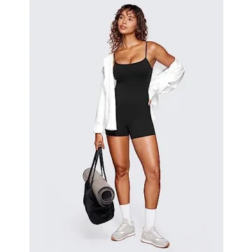 CRZ YOGA Butterluxe Athletic Rompers for Women Adjustable Strap Padded Workout Shorts Jumpsuits One Piece Bodysuit Tank Tops Black XX-Small