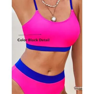 CUPSHE Women's Color Block Bikini Set - High Waisted, Scoop Neck, Adjustable Straps