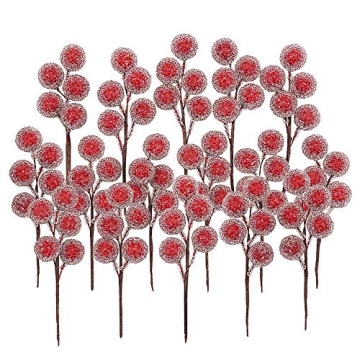 DRWATE Artificial Red Holly Leaves Berry Picks Stems Fake Winter Christmas Berries Decor for DIY Gar...