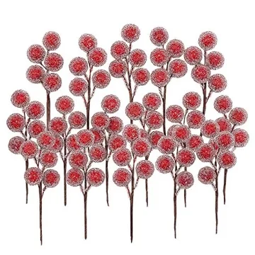 DRWATE Artificial Red Holly Leaves Berry Picks Stems Fake Winter Christmas Berries Decor for DIY Gar...