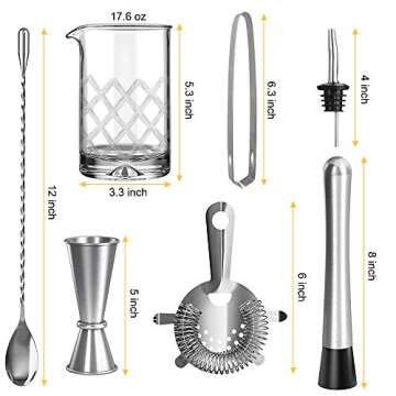 Cocktail Mixing Glass Kit, SUPERSUN 9 Piece Home Bar Gift Set - Drink Mixer with 18oz 500ml Lead-Free Glass, Cocktail Strainer, Muddler, Jigger, Professional 304 Stainless Steel Bar Tools