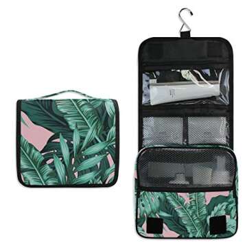 ZZAEO Tropical Leaves Green Seamless Hanging Toiletry Bag - Large Capacity Women Travel Business Cos...