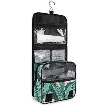ZZAEO Tropical Leaves Green Seamless Hanging Toiletry Bag - Large Capacity Women Travel Business Cosmetic Organizer Portable Makeup Pouch with Sturdy Hook