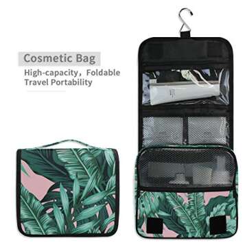 ZZAEO Tropical Leaves Green Seamless Hanging Toiletry Bag - Large Capacity Women Travel Business Cosmetic Organizer Portable Makeup Pouch with Sturdy Hook