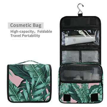 ZZAEO Tropical Leaves Green Seamless Hanging Toiletry Bag - Large Capacity Women Travel Business Cosmetic Organizer Portable Makeup Pouch with Sturdy Hook