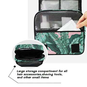 ZZAEO Tropical Leaves Green Seamless Hanging Toiletry Bag - Large Capacity Women Travel Business Cosmetic Organizer Portable Makeup Pouch with Sturdy Hook
