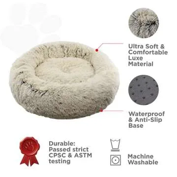 FuzzBall Fluffy Luxe Pet Bed, Calming Donut Cuddler – Machine Washable, Waterproof Base, Anti-Slip (for Small Dogs and Cats up to 25lbs)