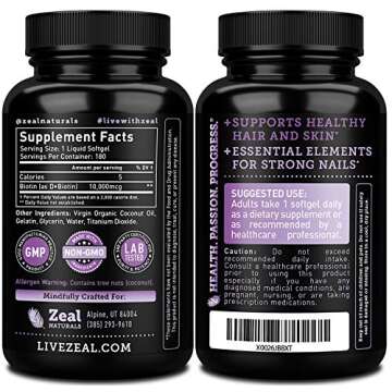 Zeal Naturals Biotin with Coconut Oil for Hair 10000mcg (180 Softgels) Biotin Supplement - Biotin Pi...