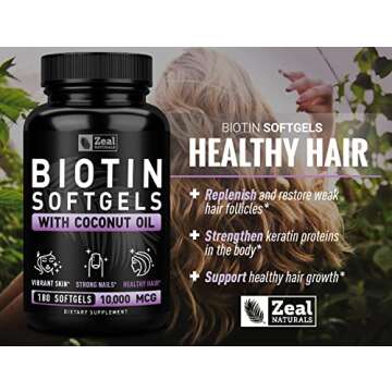 Zeal Naturals Biotin with Coconut Oil for Hair 10000mcg (180 Softgels) Biotin Supplement - Biotin Pills for Hair Skin and Nails Vitamins for Women Biotin Capsules for Men Hair Growth 6 mo Supply