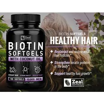 Zeal Naturals Biotin with Coconut Oil for Hair 10000mcg (180 Softgels) Biotin Supplement - Biotin Pills for Hair Skin and Nails Vitamins for Women Biotin Capsules for Men Hair Growth 6 mo Supply