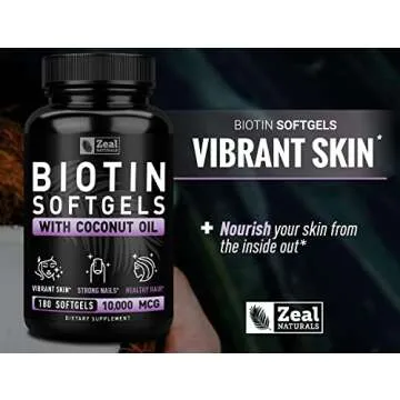 Zeal Naturals Biotin with Coconut Oil for Hair 10000mcg (180 Softgels) Biotin Supplement - Biotin Pills for Hair Skin and Nails Vitamins for Women Biotin Capsules for Men Hair Growth 6 mo Supply