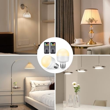 SCOPOW 2Packs E26 Rechargeable Light Bulbs with Remote Control Timer and 3 Color Temperature Magnetically Battery Operated Light Bulbs Dimmer for Non-Hardwired Detachable (5W+E26+3Colors+2PC)