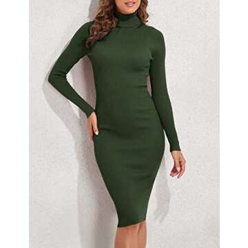 PrettyGuide Women Slim Fit Ribbed Turtleneck Long Sleeve Midi Knit Sweater Dress Army Green S